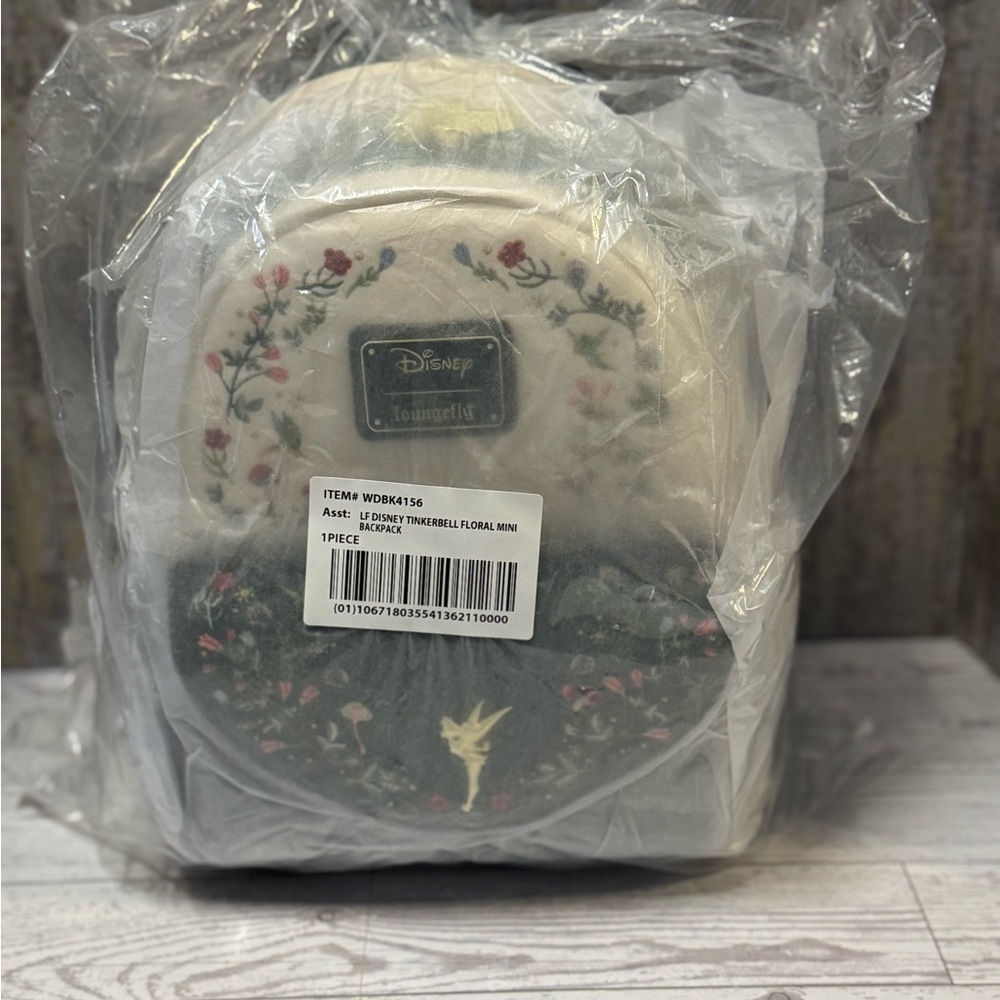 Loungefly Disney Tinker Bell Floral Velvet Green and Cream Mini Backpack - Picture 6 of 7